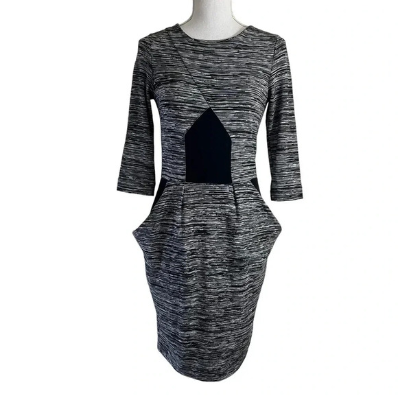 French Connection Gray and Black Striped Marled Dress Size 6 Knit Pockets Office - Picture 1 of 8
